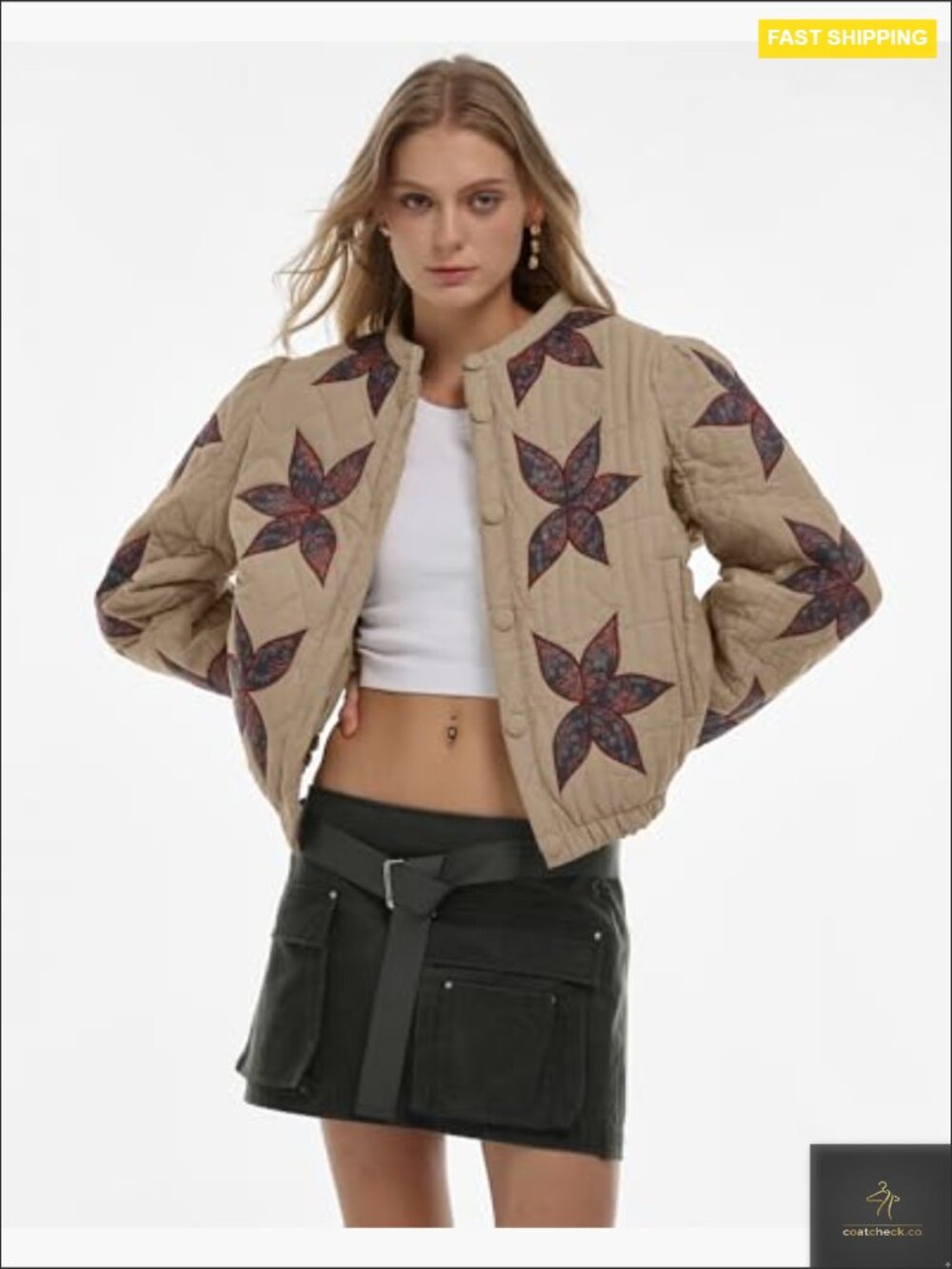 Women's Lightweight Floral Embroidered Cropped Quilted Puffer Jacket Button - Picture 6 of 7